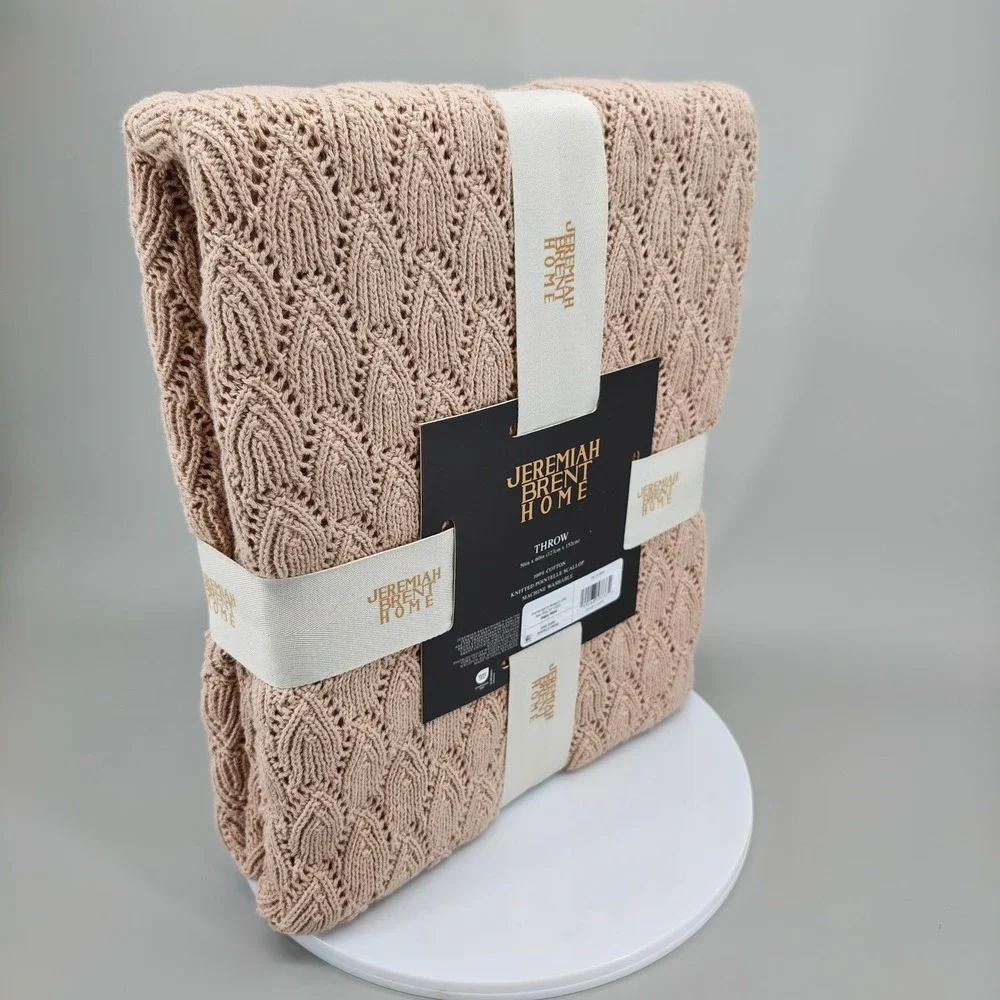 Jeremiah Brent Home Knitted Pointelle Scallop Throw Sand 50x60 100% Cotton NWT